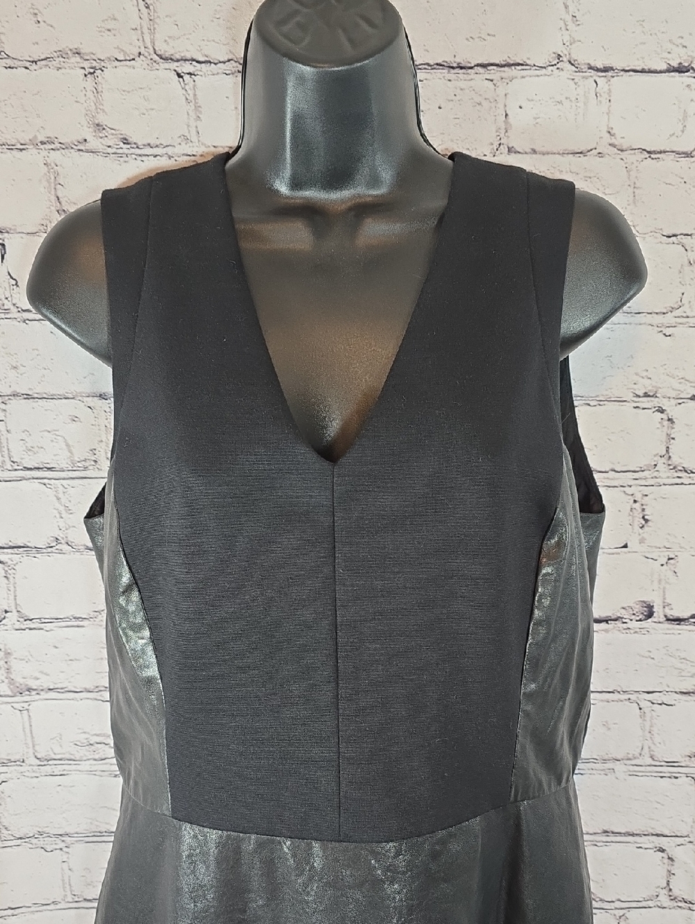 DKNY Black Midi Dress with Real Leather Panels Size 8 - Picture 4 of 12